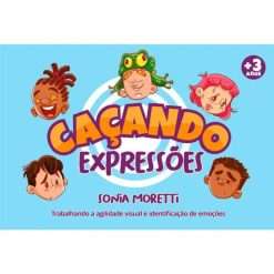 Capa do Jogo Terapêutico - Caçando Expressões, contendo 5 crianças com diferentes expressões faciais em um fundo azul.